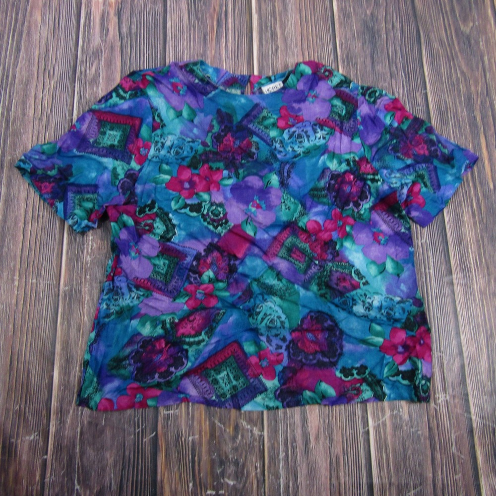 Koret Blouse Women XL Purple Blue Floral Abstract Short Sleeve Vintage Top